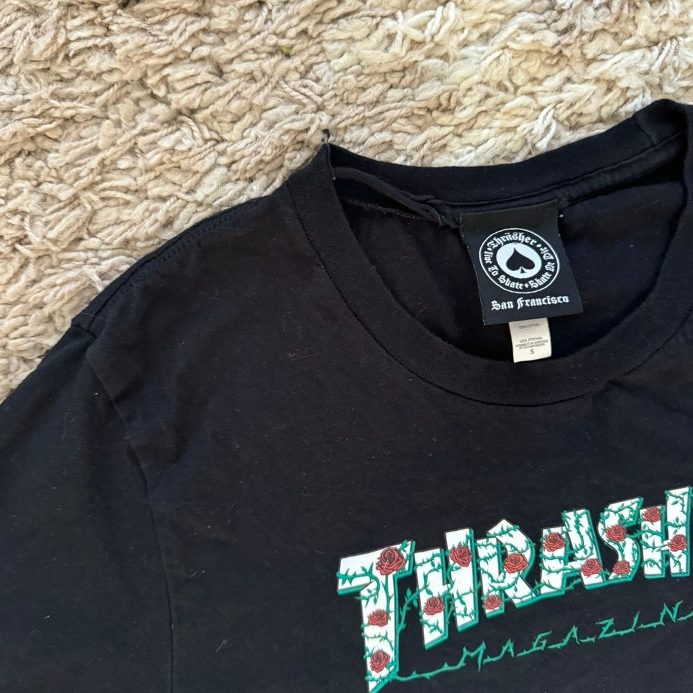 Thrasher Magazine Rose Thorn Logo Graphic T-Shirt Black Small Skateboard Tee - Picture 4 of 5